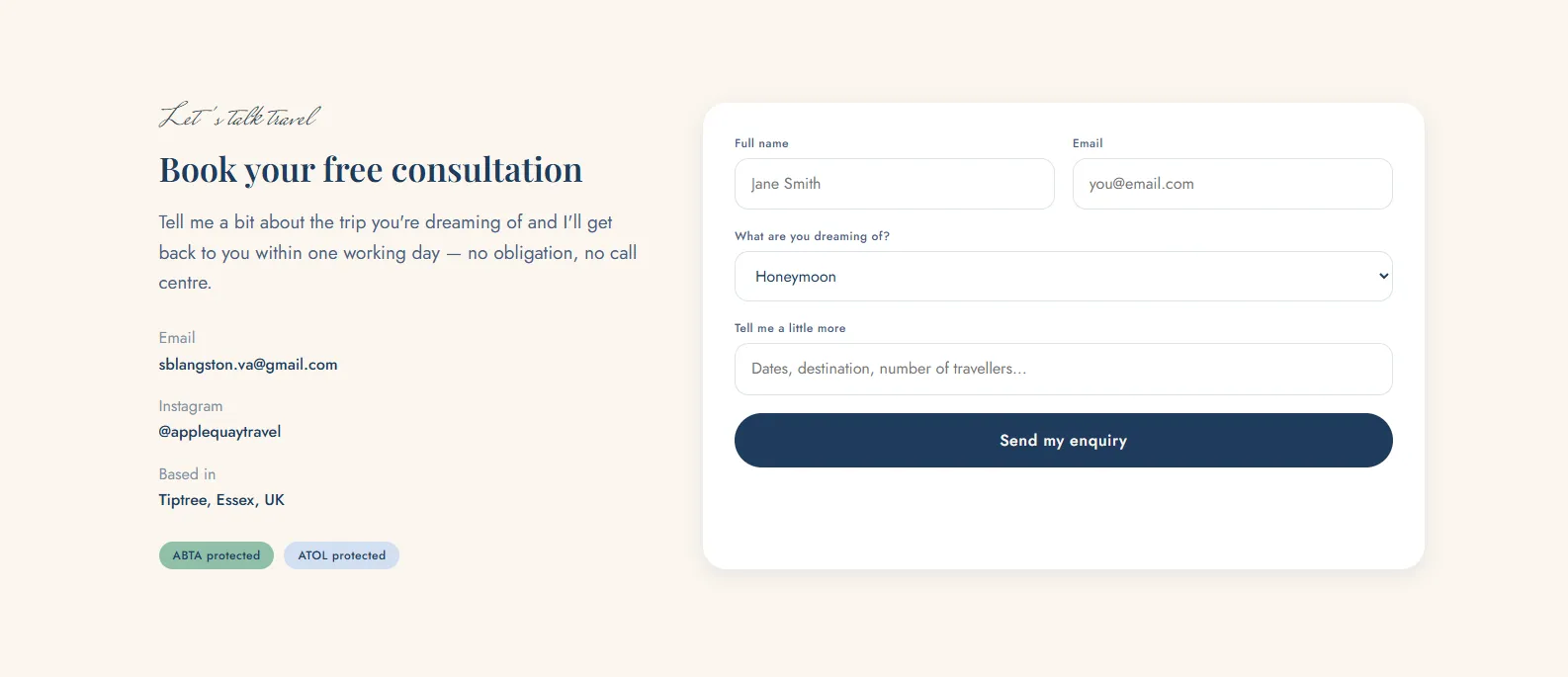 The enquiry form set up for recieving booking enquiries