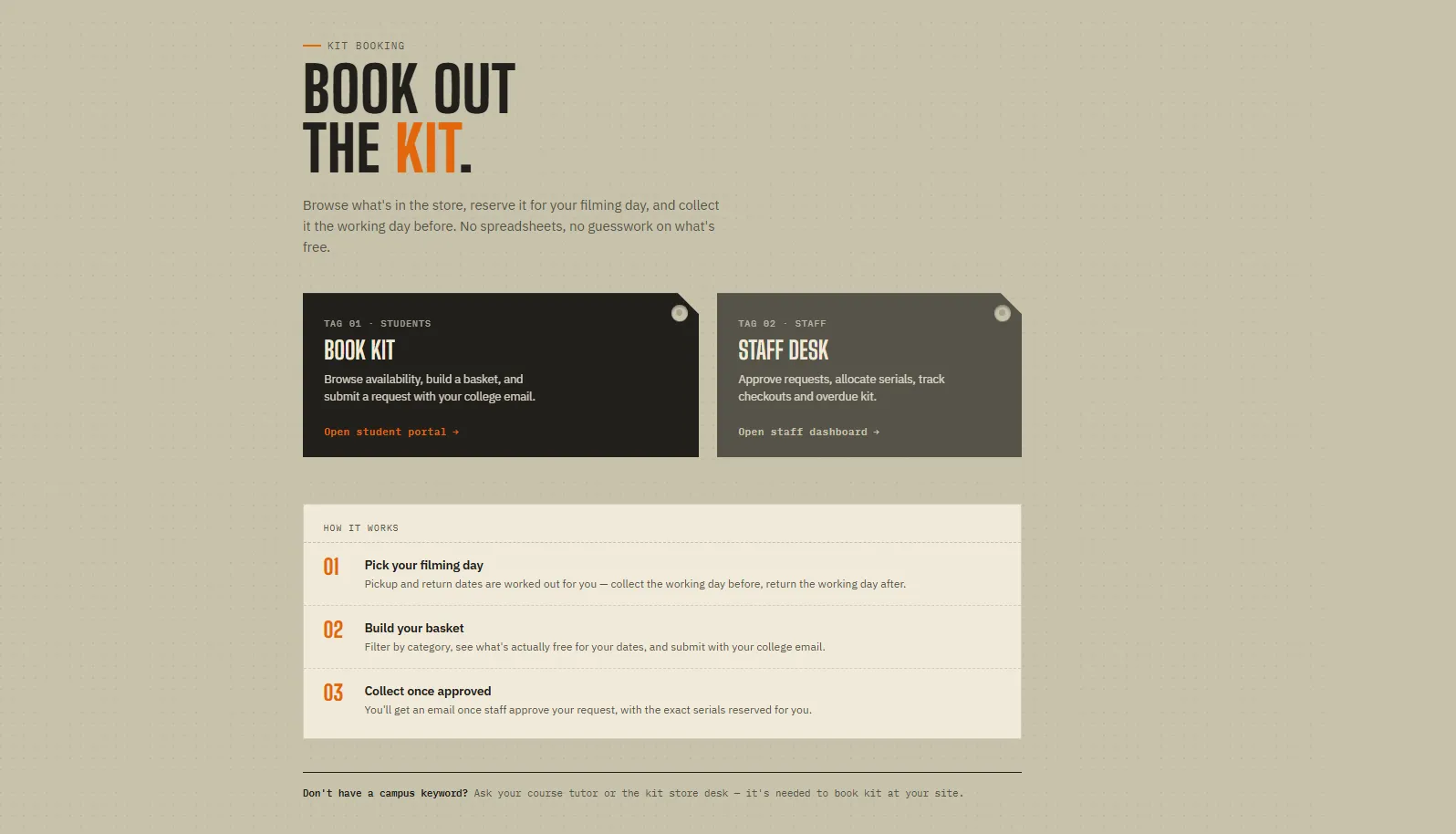 The booking screen showing equipment availability across three campuses for a single week